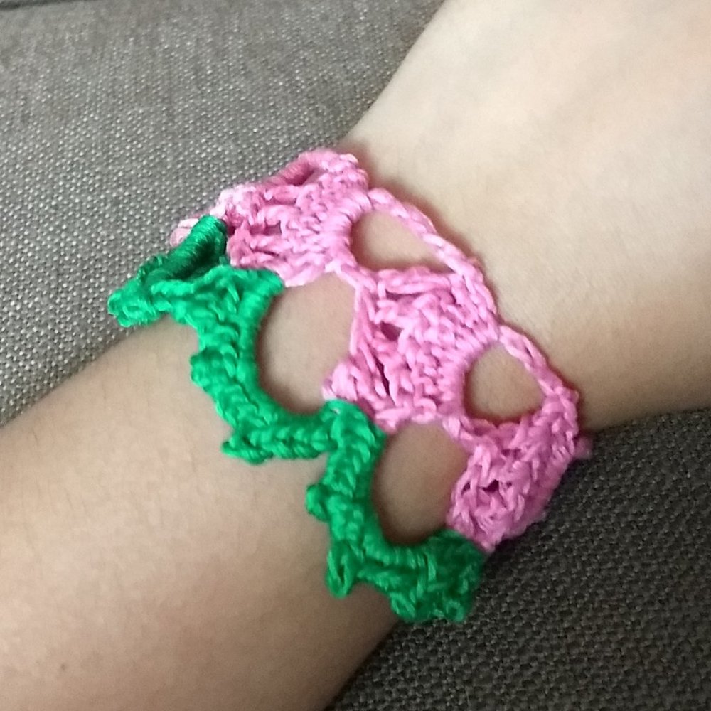 Pink and Green Crochet Cuff Bracelet W Jade Beads